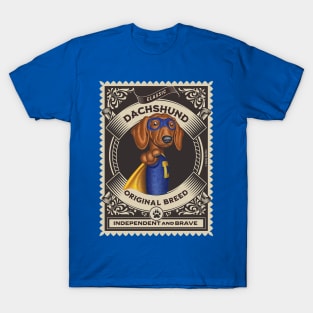 Cute Superhero Dachshund in blue mask and yellow cape T-Shirt